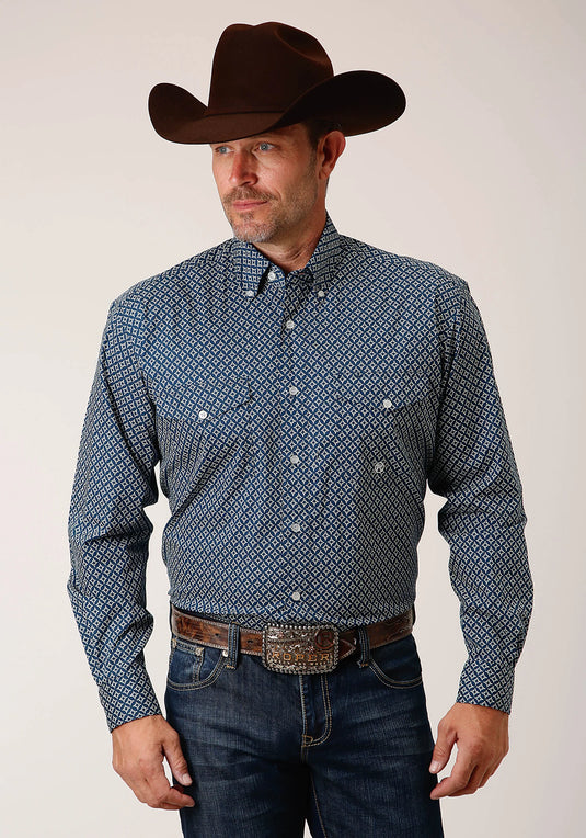 03-001-0325-6018 BU - Roper Men's Long Sleeve Button Diamond Print Navy Western Shirt