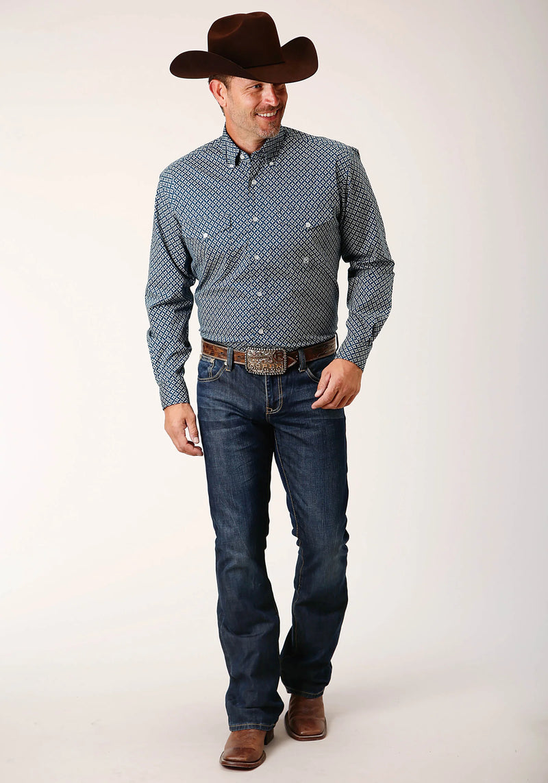 Load image into Gallery viewer, 03-001-0325-6018 BU - Roper Men's Long Sleeve Button Diamond Print Navy Western Shirt
