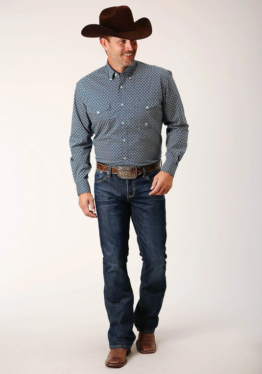 03-001-0325-6018 BU - Roper Men's Long Sleeve Button Diamond Print Navy Western Shirt