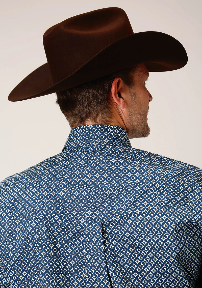 Load image into Gallery viewer, 03-001-0325-6018 BU - Roper Men's Long Sleeve Button Diamond Print Navy Western Shirt
