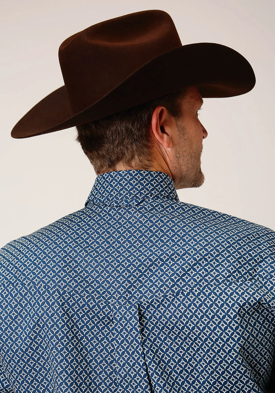03-001-0325-6018 BU - Roper Men's Long Sleeve Button Diamond Print Navy Western Shirt