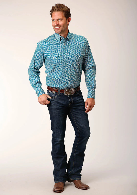 03-001-0325-6019 BU - Roper Men's Long Sleeve Button Diamond Print Turquoise Western Shirt