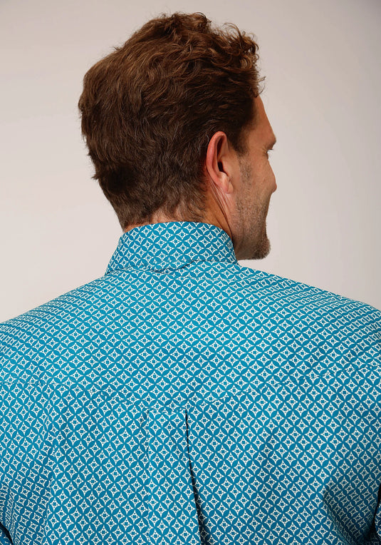 03-001-0325-6019 BU - Roper Men's Long Sleeve Button Diamond Print Turquoise Western Shirt