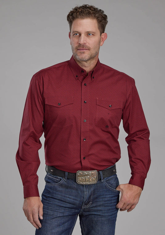 03-001-0325-6600 RE - Roper Men's Diamond Print Stretch Poplin Red Long Sleeve Button Western Shirt