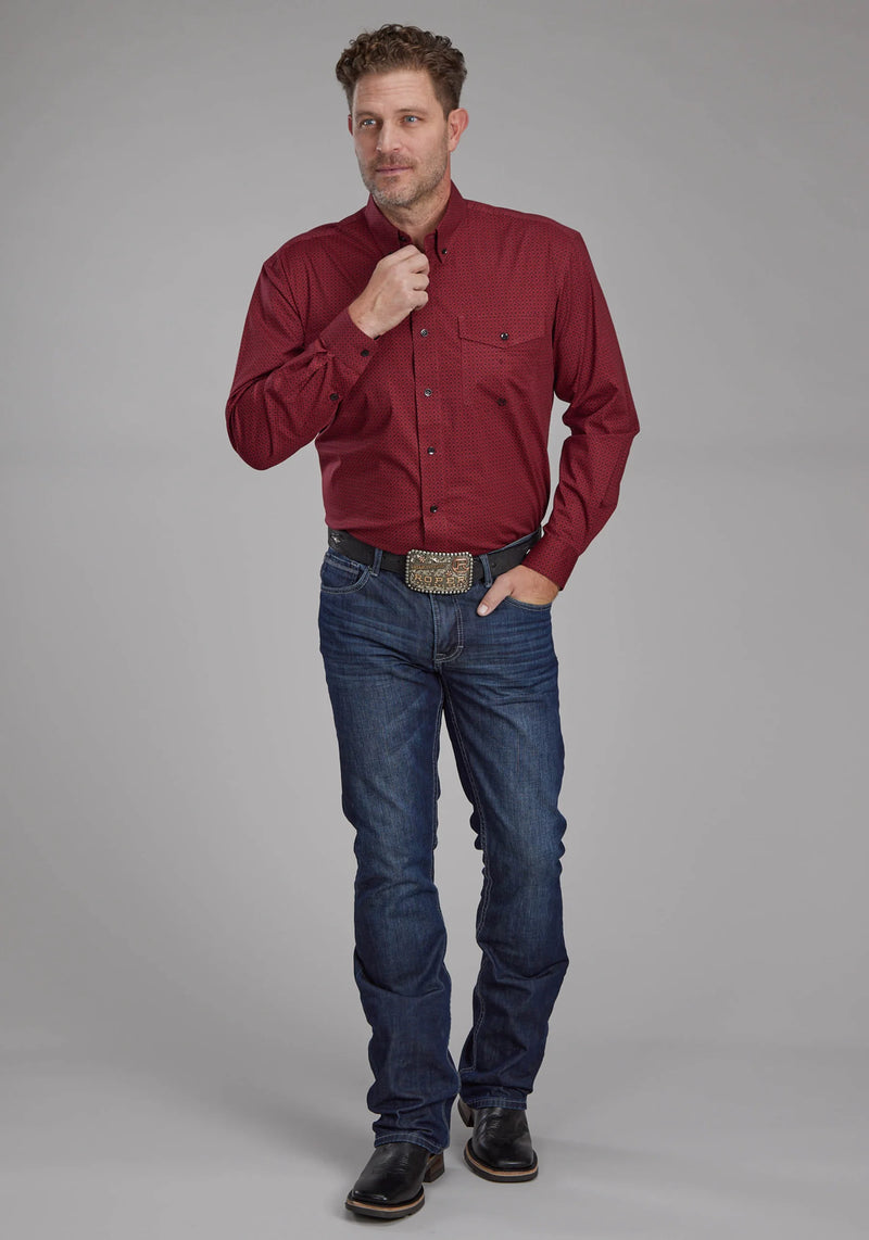 Load image into Gallery viewer, 03-001-0325-6600 RE - Roper Men's Diamond Print Stretch Poplin Red Long Sleeve Button Western Shirt
