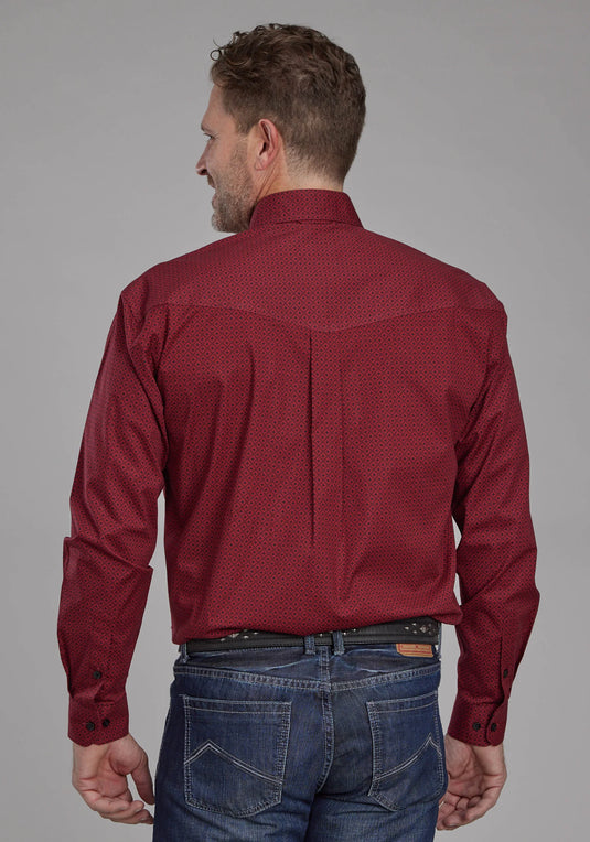 03-001-0325-6600 RE - Roper Men's Diamond Print Stretch Poplin Red Long Sleeve Button Western Shirt