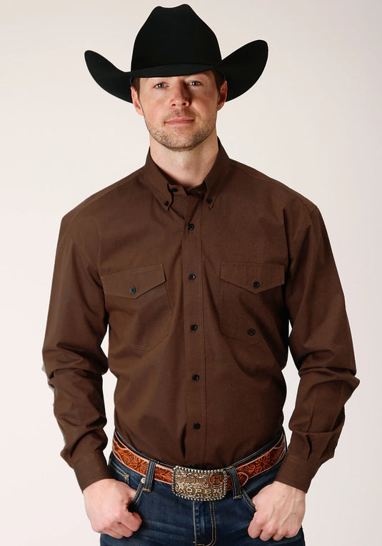 03-001-0365-0126 BR - Roper Men's Long Sleeve Button Black Fill Brown Western Shirt