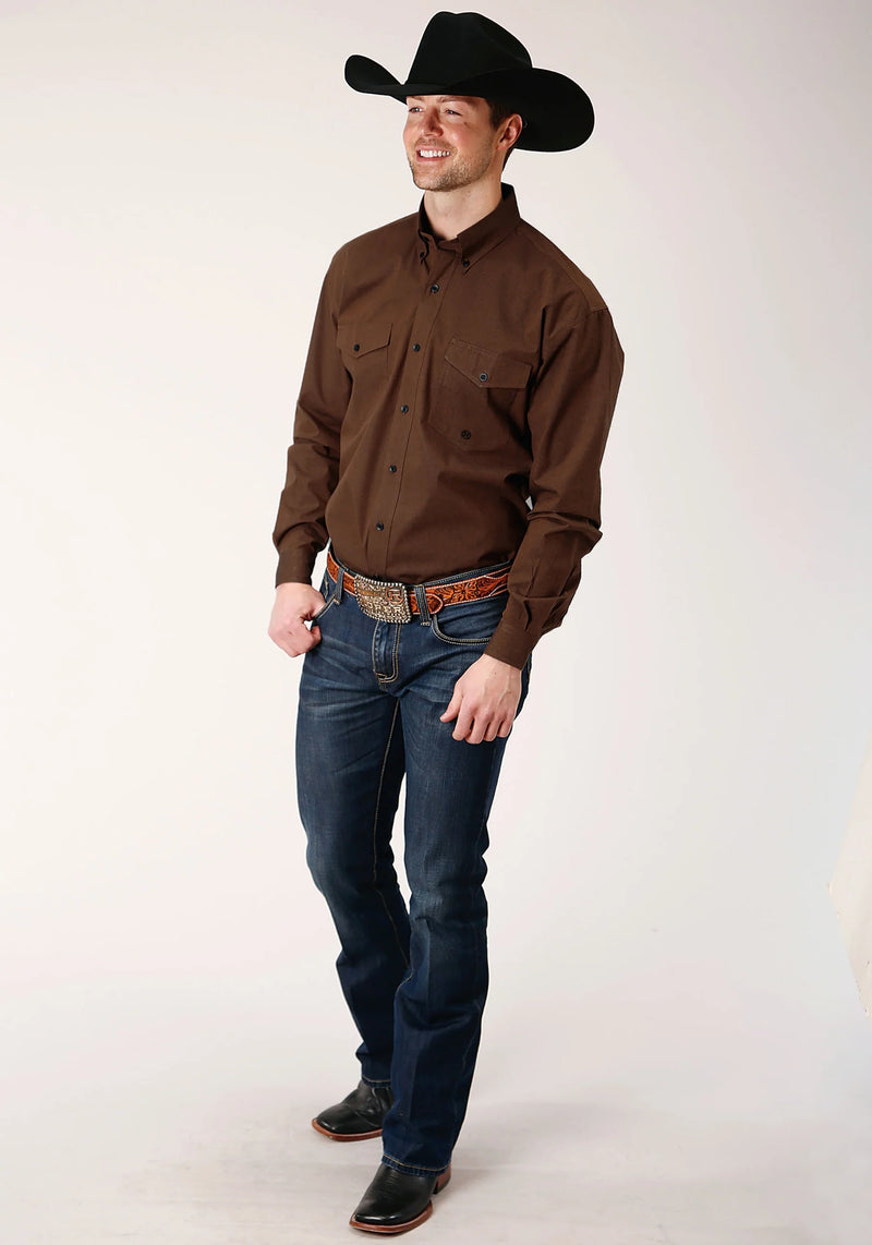 Load image into Gallery viewer, 03-001-0365-0126 BR - Roper Men's Long Sleeve Button Black Fill Brown Western Shirt

