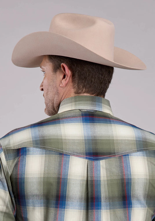 03-001-0378-1057 MU - Roper Men's Long Sleeve Button Evergreen Plaid Western Shirt