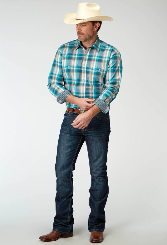 03-001-0378-2095 MU - Roper Men's Long Sleeve Button Waters Edge Plaid Western Shirt