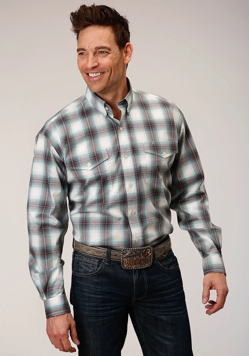 Load image into Gallery viewer, 03-001-0378-7024 GR - Roper Men's Long Sleeve Button Olive Stretch Plaid Western Shirt
