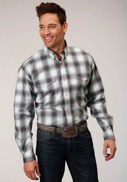 03-001-0378-7024 GR - Roper Men's Long Sleeve Button Olive Stretch Plaid Western Shirt