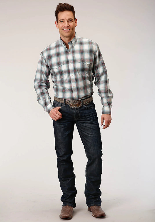 03-001-0378-7024 GR - Roper Men's Long Sleeve Button Olive Stretch Plaid Western Shirt
