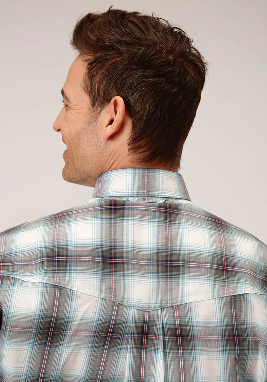 03-001-0378-7024 GR - Roper Men's Long Sleeve Button Olive Stretch Plaid Western Shirt