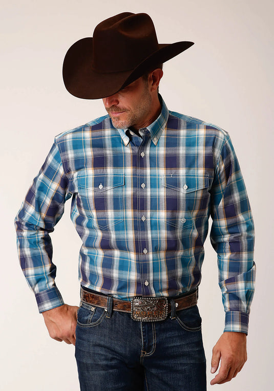 03-001-0378-7030 PU - Roper Men's Long Sleeve Button Blueberry Plaid Western Shirt