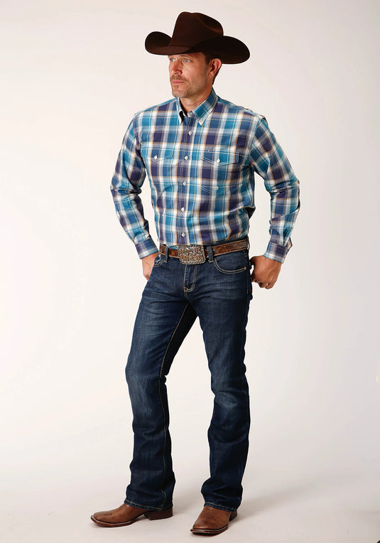 03-001-0378-7030 PU - Roper Men's Long Sleeve Button Blueberry Plaid Western Shirt