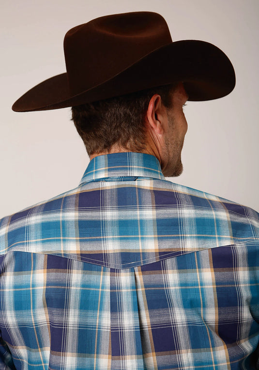 03-001-0378-7030 PU - Roper Men's Long Sleeve Button Blueberry Plaid Western Shirt
