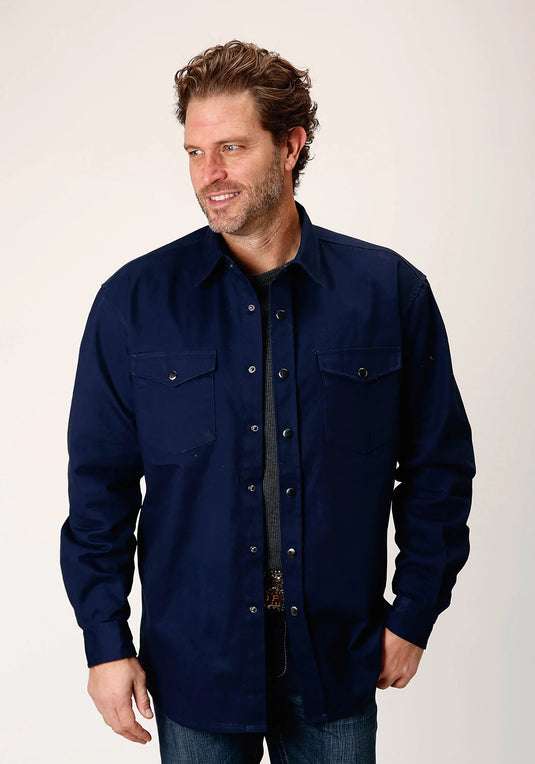 03-001-0423-6621 BU - Roper Men's Long Sleeve Snap Brushed Twill Navy Western Shirt