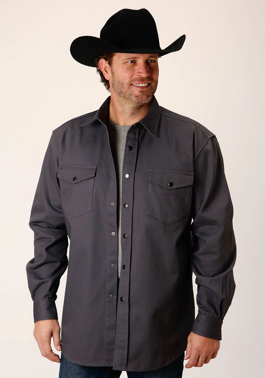 03-001-0423-6623 GY - Roper Men's Long Sleeve Snap Brushed Twill Charcoal Western Shirt