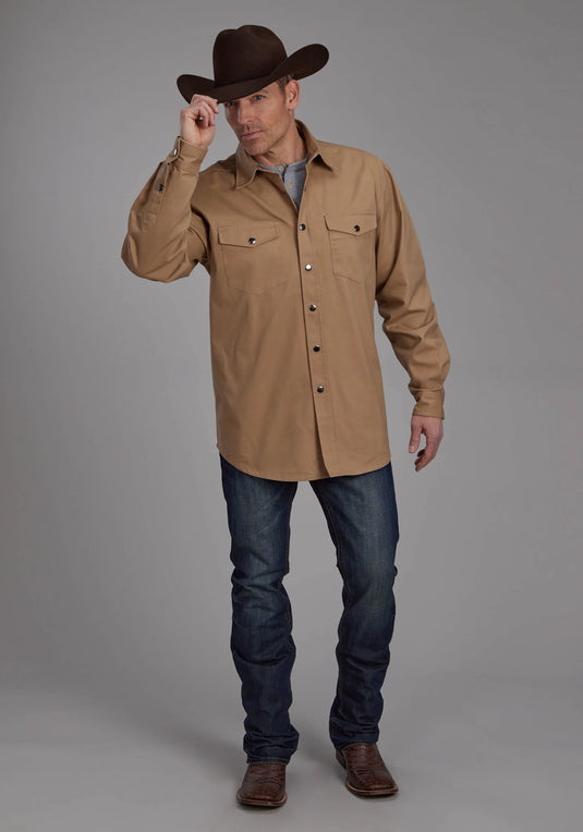 03-001-0423-6630 TA - Roper Men's Long Sleeve Snap Twill Khaki Western Shirt