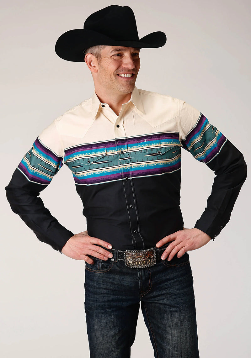 Load image into Gallery viewer, 03-001-0431-0615 GR - Roper Men's Long Sleeve Snap Greenline Serape Border Western Shirt
