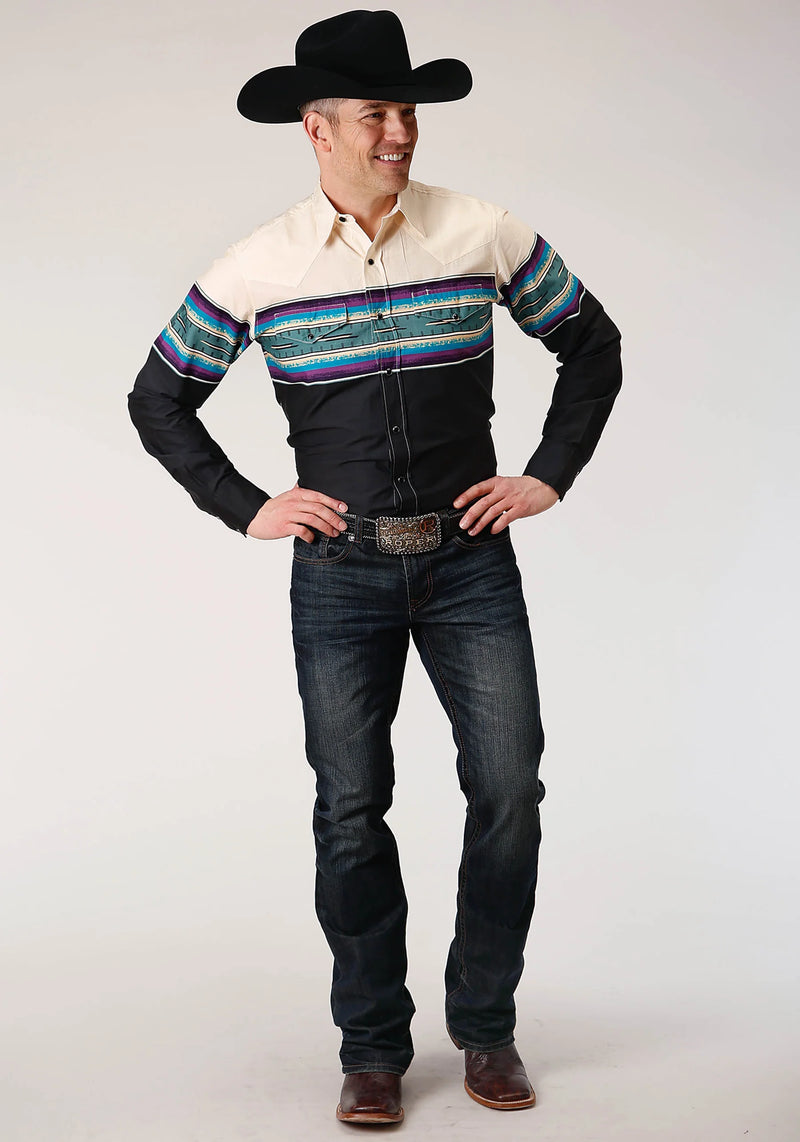 Load image into Gallery viewer, 03-001-0431-0615 GR - Roper Men's Long Sleeve Snap Greenline Serape Border Western Shirt
