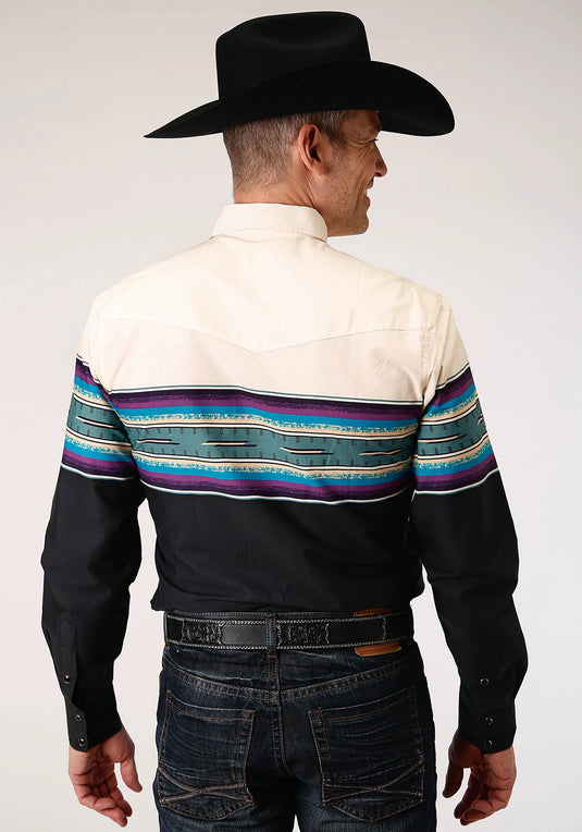 03-001-0431-0615 GR - Roper Men's Long Sleeve Snap Greenline Serape Border Western Shirt