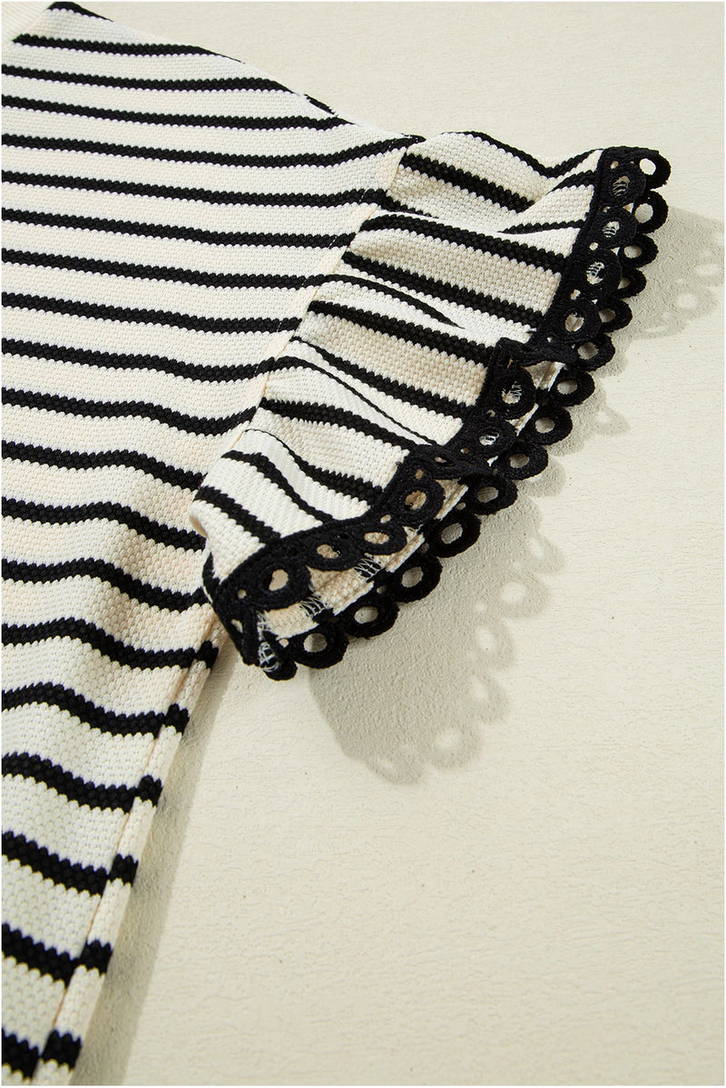Load image into Gallery viewer, DLLS430 - Ladies Black Stripe Scallop Lace Trim Ruffle Short Sleeves Crewneck Top
