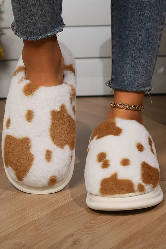 DLLSHOE 128 - Chestnut Cow Spot Printed Plush Home Slippers