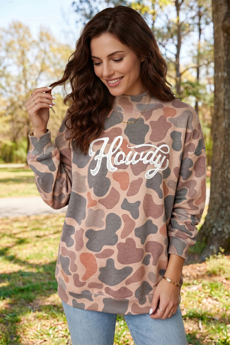 Load image into Gallery viewer, DLLS777 - Ladies Multicolour Camo Print Howdy Western Style Baggy Pullover Sweatshirt
