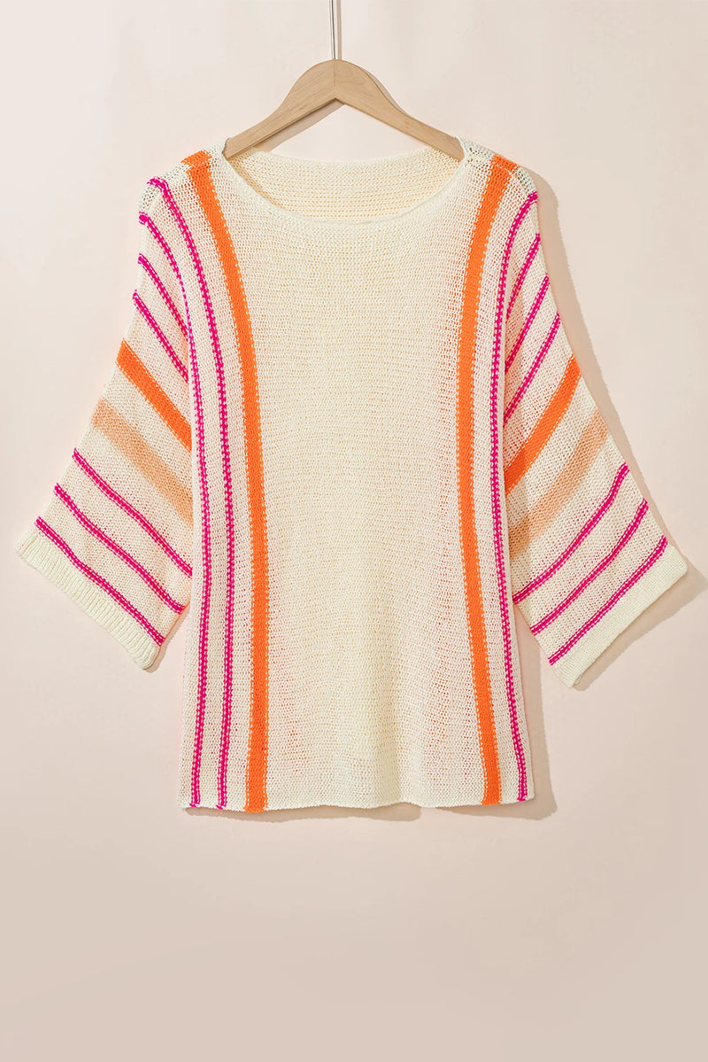 Load image into Gallery viewer, DLLS546 - Ladies White Striped Detail Wide Sleeve Lightweight Knitted Sweater
