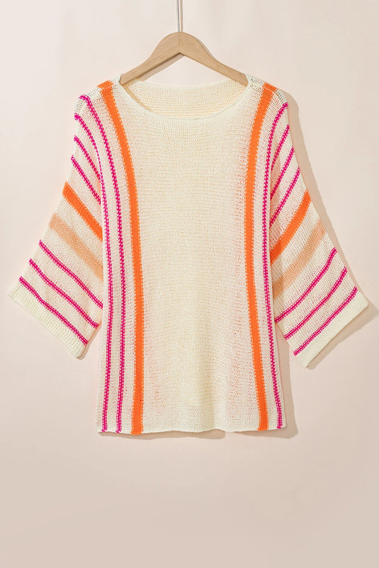 DLLS546 - Ladies White Striped Detail Wide Sleeve Lightweight Knitted Sweater