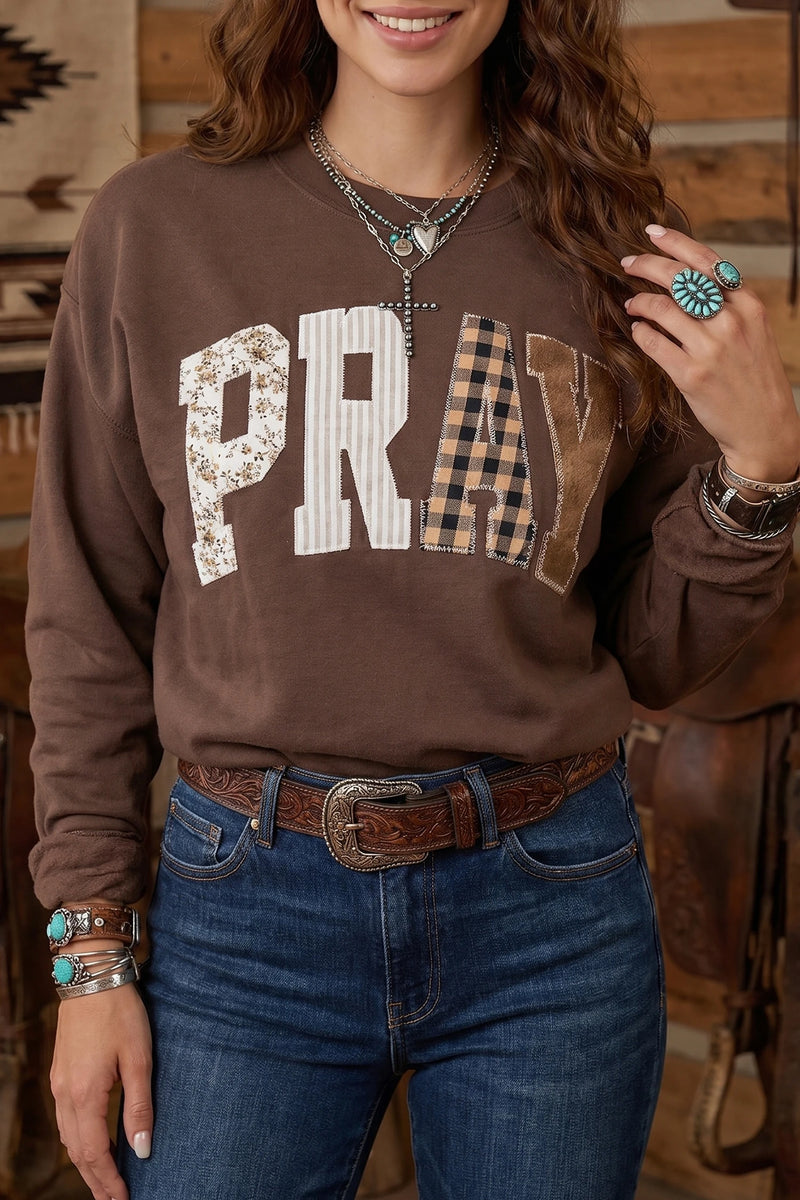 Load image into Gallery viewer, DLLS734 - Ladies Coffee Floral Plaid Striped Embroidered Patch Western Sweatshirt
