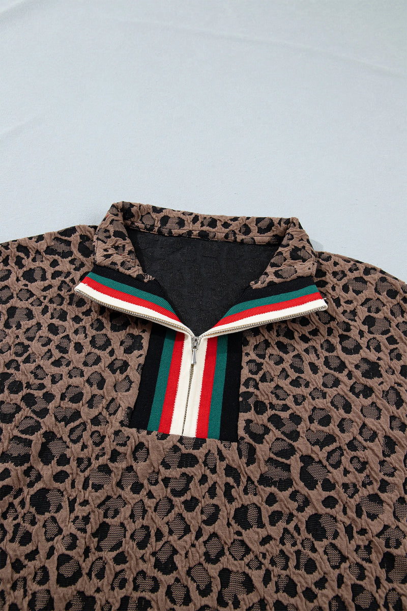 Load image into Gallery viewer, DLLS944 - Ladies Brown Leopard Jacquard Striped Patchwork Half Zip Short Sleeve Blouse
