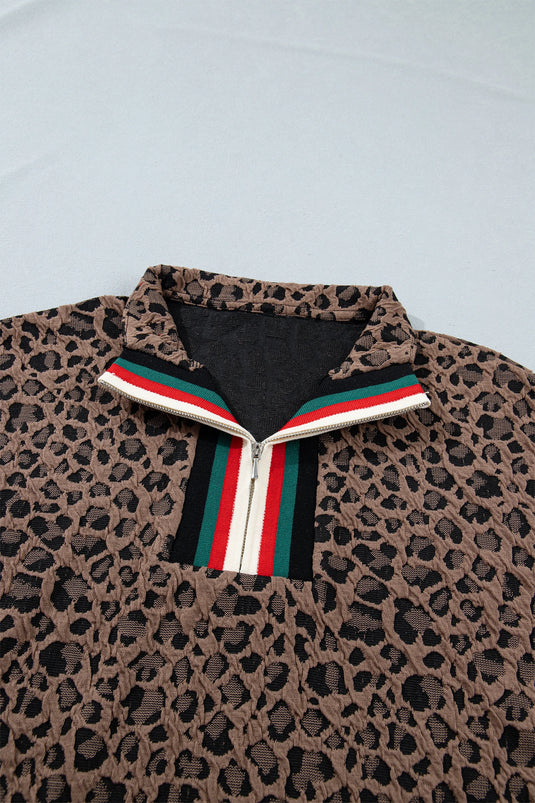 DLLS944 - Ladies Brown Leopard Jacquard Striped Patchwork Half Zip Short Sleeve Blouse