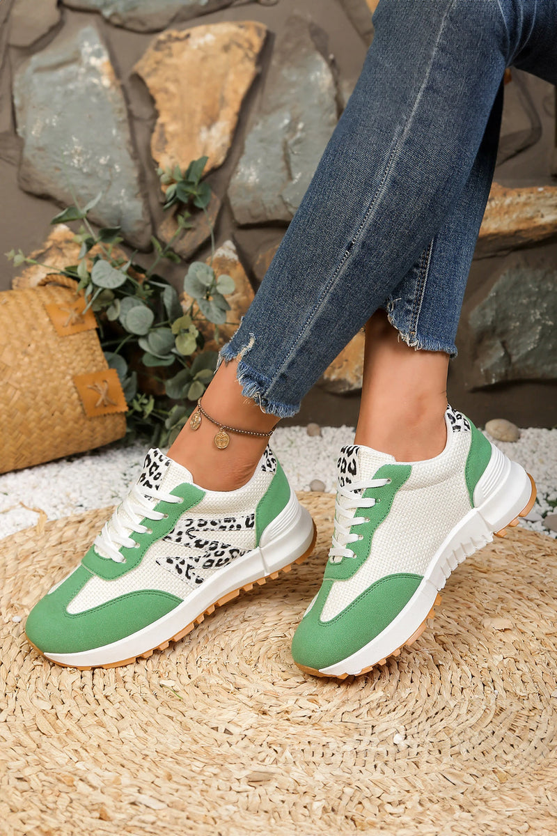 Load image into Gallery viewer, DLLSHOE 165 - Green PU Leather Leopard Color Block Detail Lace Up Sporty Sneakers
