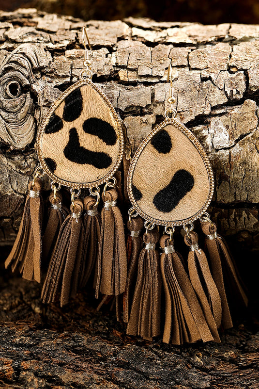 DLLER 17 - Honey Gold Boho Leopard Print Tasseled Hook Earrings