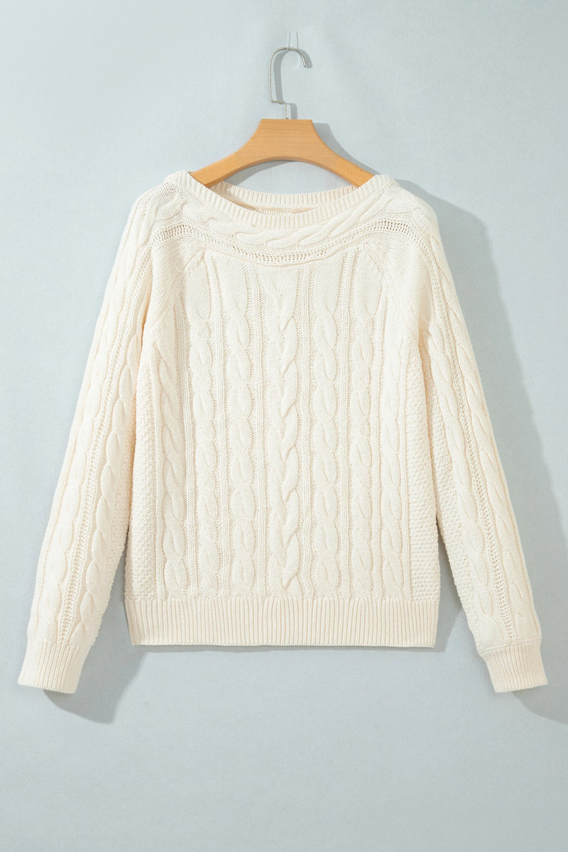Load image into Gallery viewer, DLLS1146 - Ladies Beige Drop Shoulder Round Neck Cable Knit Sweater

