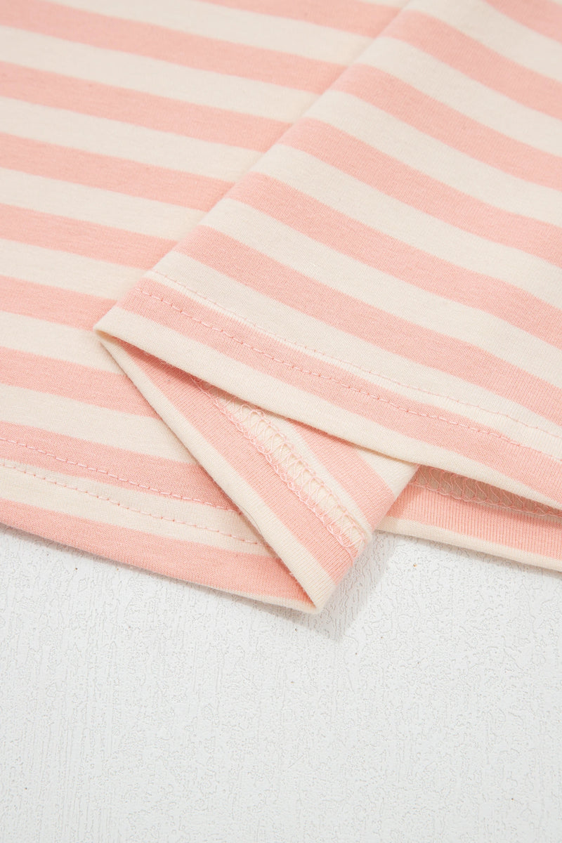 Load image into Gallery viewer, DLLS701 - Ladies Pink Stripe Contrast Neck Loose Tee and Drawstring Shorts Set
