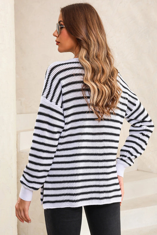 DLLS265 - Ladies White Striped Knit Split Hem Baggy Sweater
