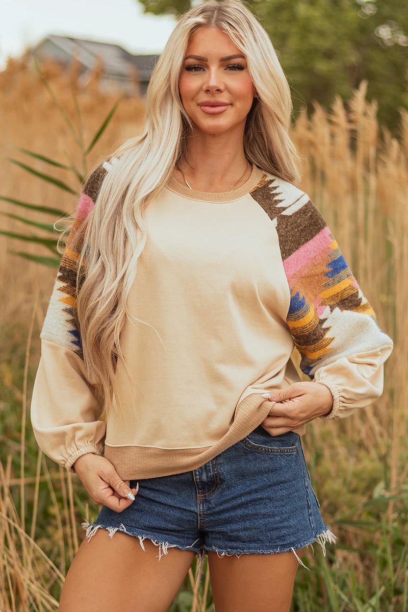 Load image into Gallery viewer, DLLS749 - Ladies Light French Beige Aztec Patchwork Raglan Pullover Sweatshirt
