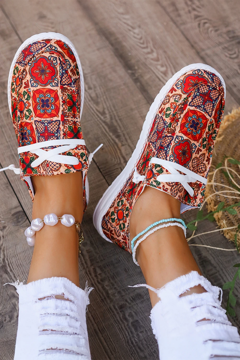 Load image into Gallery viewer, DLLSHOE 190 - Fiery Red Western Printed Lacing Flat Slip On Shoes
