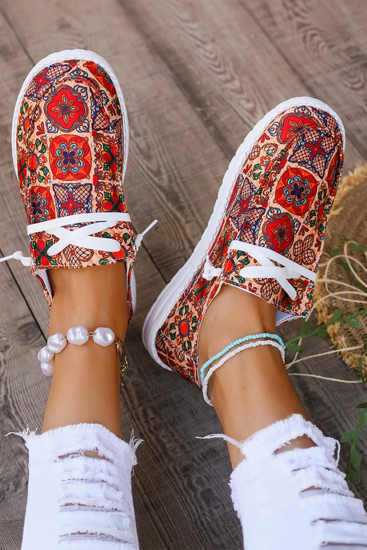 DLLSHOE 190 - Fiery Red Western Printed Lacing Flat Slip On Shoes
