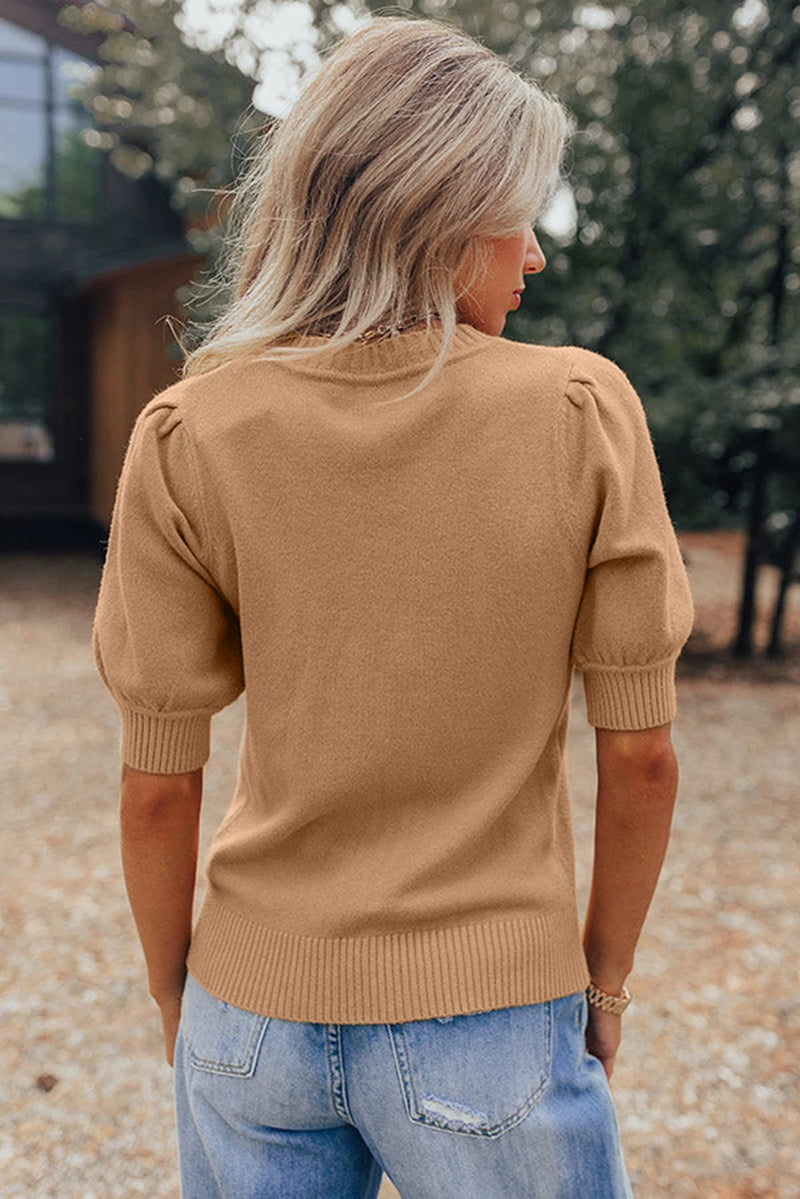 Load image into Gallery viewer, DLLS373- Ladies Light French Beige Solid Color Knit Short Puff Sleeve Sweater
