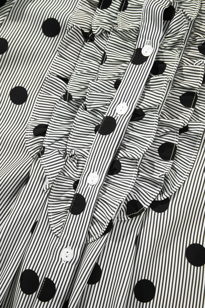 Load image into Gallery viewer, DLLS1138 - Ladies Black White Polka Dot Striped Print Ruffle 3/4 Sleeve Shift Shirt
