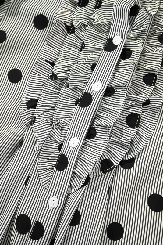 DLLS1138 - Ladies Black White Polka Dot Striped Print Ruffle 3/4 Sleeve Shift Shirt
