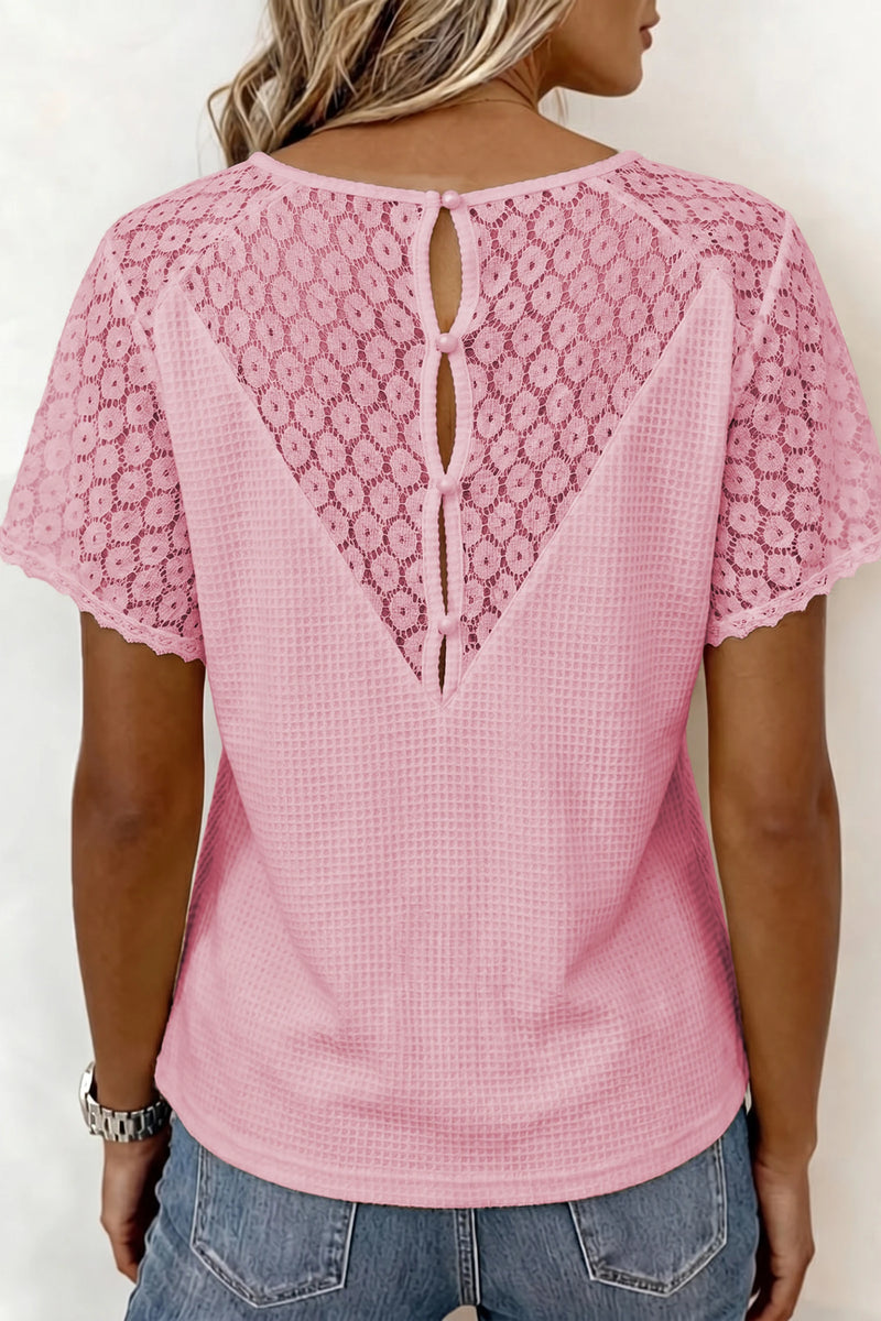 Load image into Gallery viewer, DLLS709 - Ladies Pink Lace Splicing Button Cutout V Neck Waffle Knit Blouse

