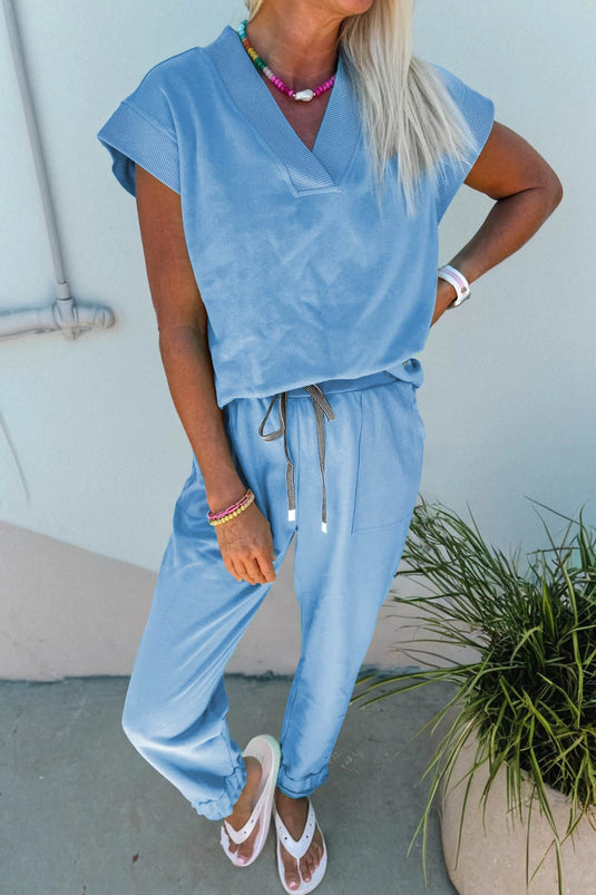 DLLS933 - Ladies Beau Blue Solid Color V Neck Tee Drawstring Pant Set