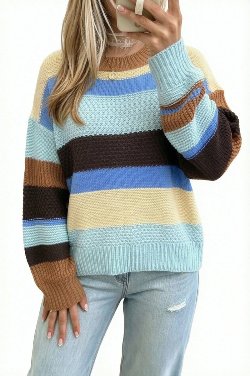Load image into Gallery viewer, DLLS1097 - Ladies Multicolour Color Block Striped Round Neck Relaxed Sweater
