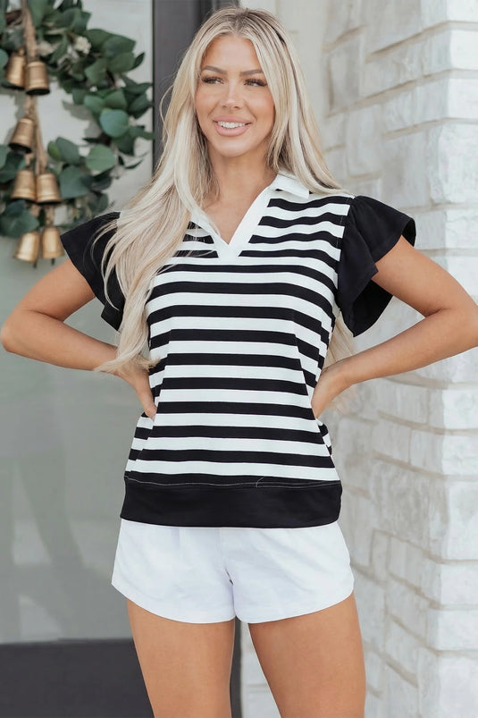 DLLS381- Ladies Black Stripe Collar V Neck Ruffled Short Sleeve Blouse